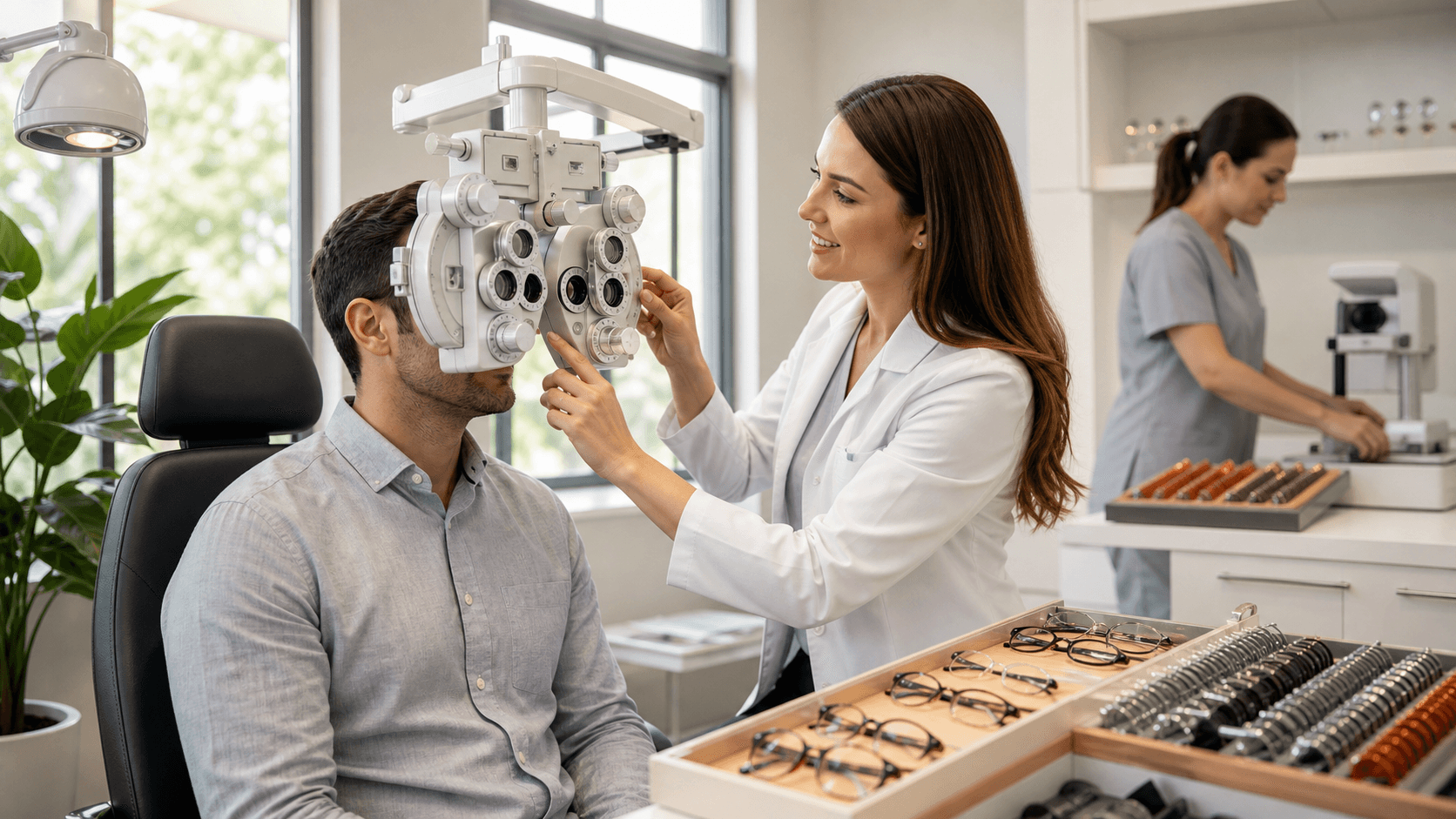 Smiling optometrist in white coat holds a lens trial frame in a bright clinic with eye charts and equipment.