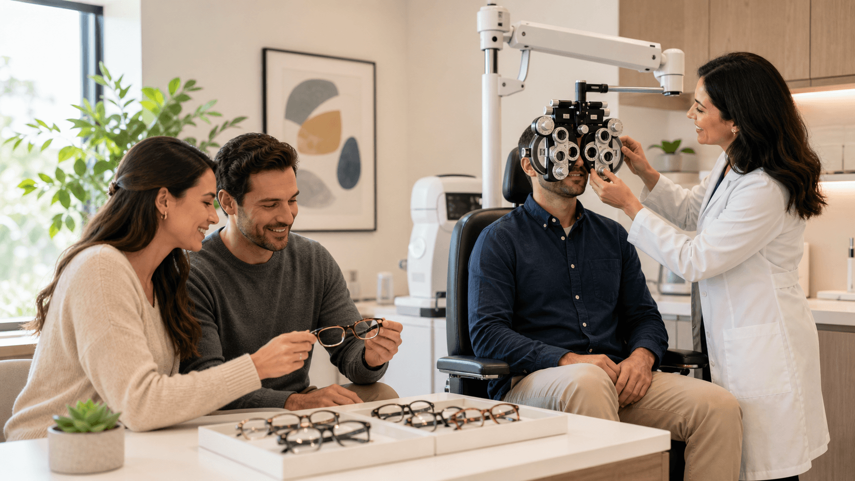 Smiling family in a bright eye clinic as an optometrist holds an eye chart beside a vision test machine.