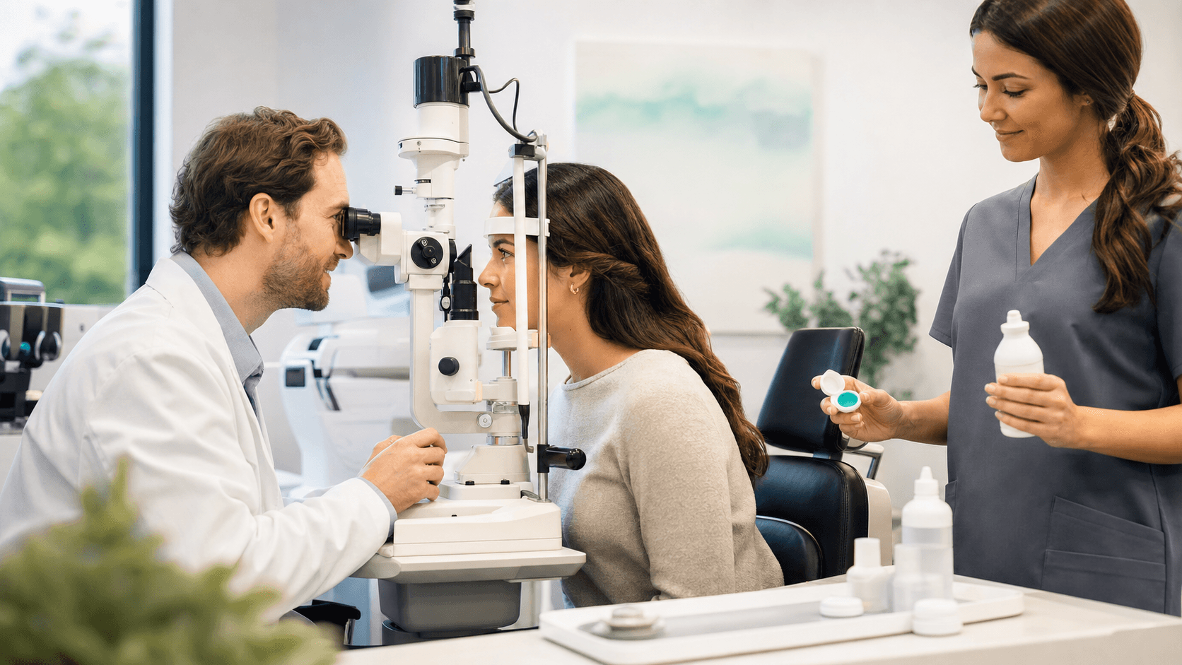 Optometrist fitting contact lenses on a patient, bright clinic lighting with eye chart and tools in the background.