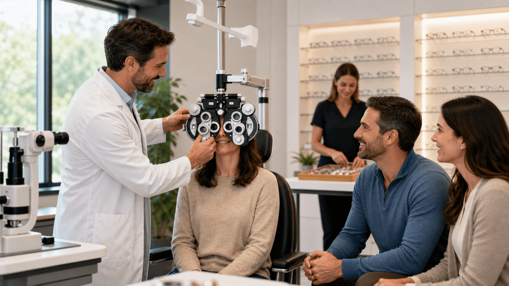 Smiling family in a bright eye clinic as an optometrist shows them an eye chart beside exam equipment.