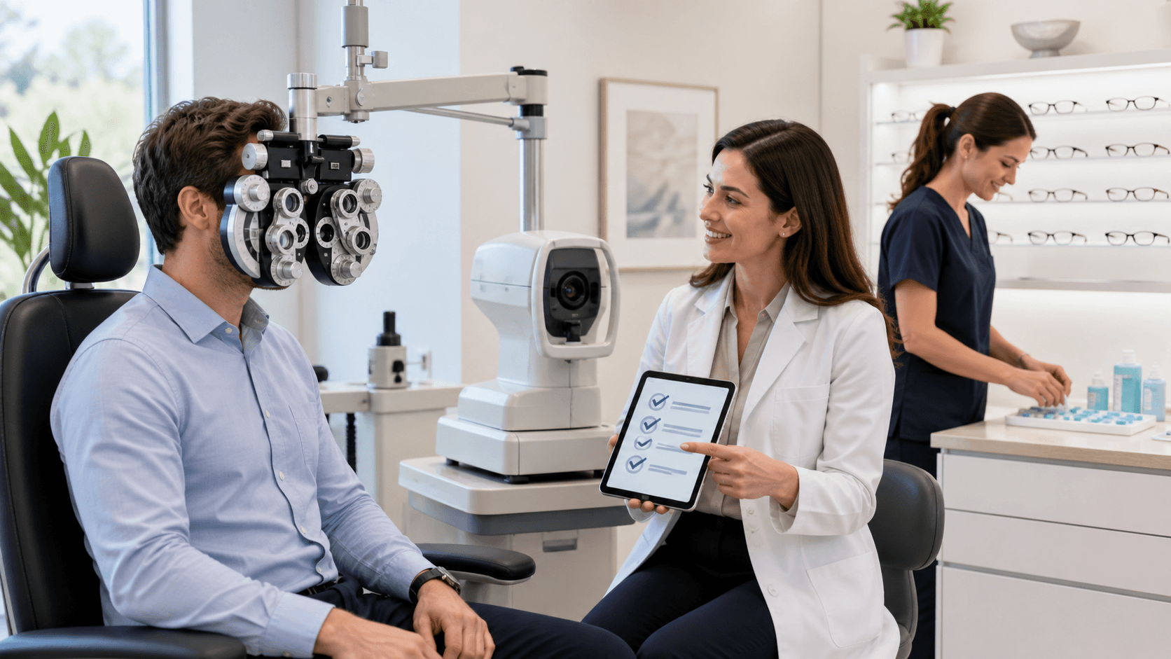 Smiling optometrist in a bright exam room holds an eye chart tablet beside a patient in a chair.