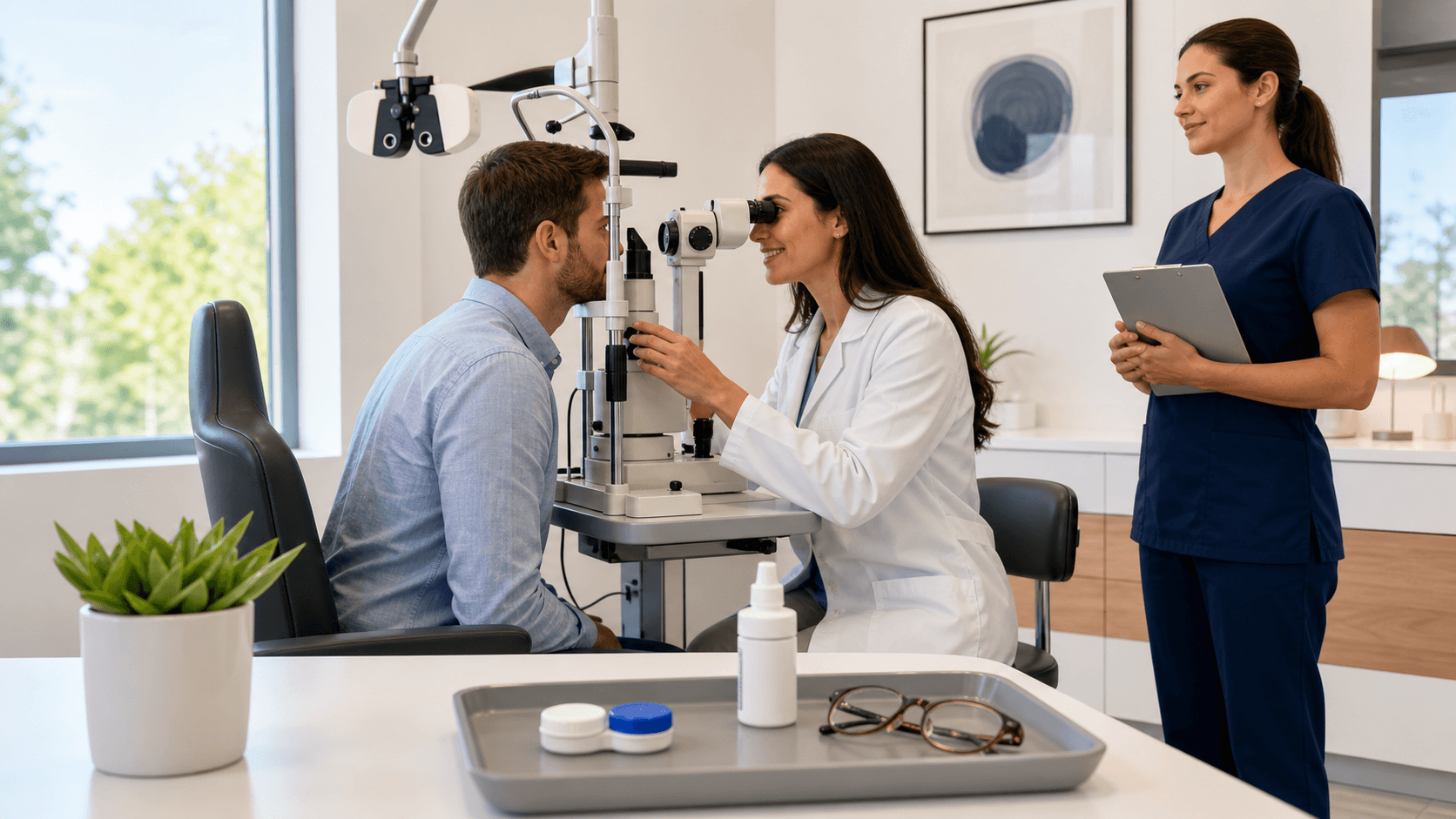 Optometrist using a slit-lamp to examine a patient’s eyes in a bright clinic, with charts blurred in background.
