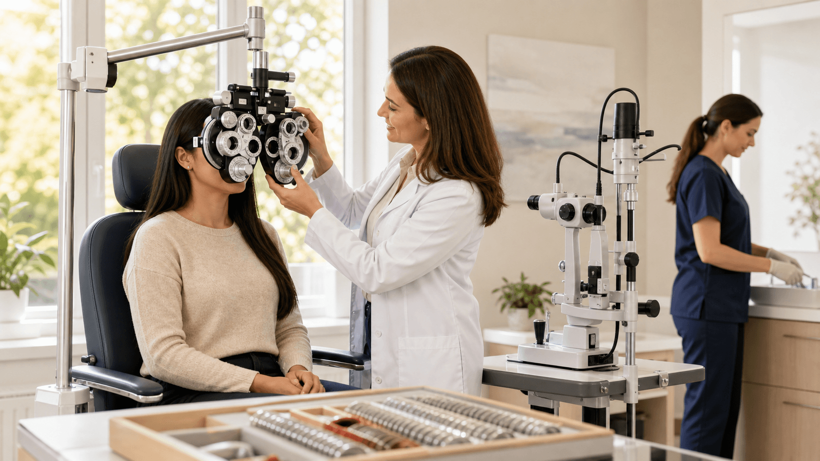 Eye doctor examines a patient's eye with a slit lamp in a bright, modern clinic with blue accents.