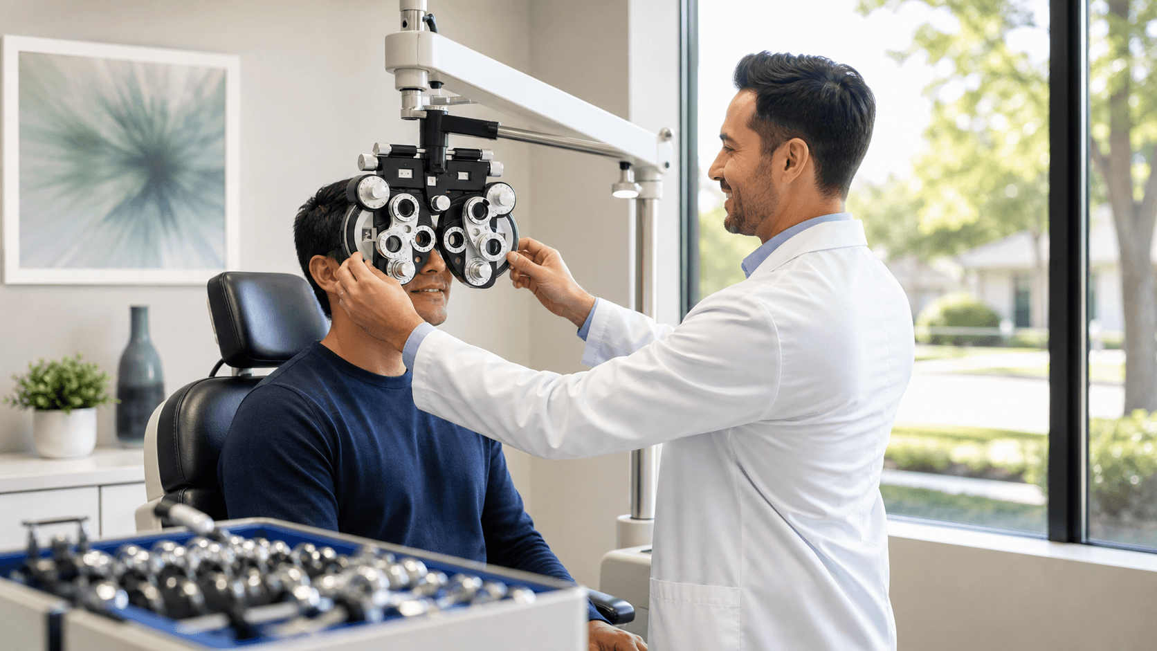 Person in exam chair as an optometrist shines a light into their eye, with blue-white clinic lighting and charts behind